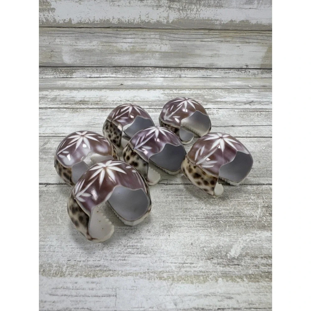 Vintage Hand Carved Cowrie Shell Napkin Rings Set of 6 Floral Etched Coastal